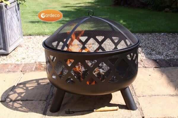 Perfect Patio Deep-drawn fire bowl with criss-cross cut-out view of fire