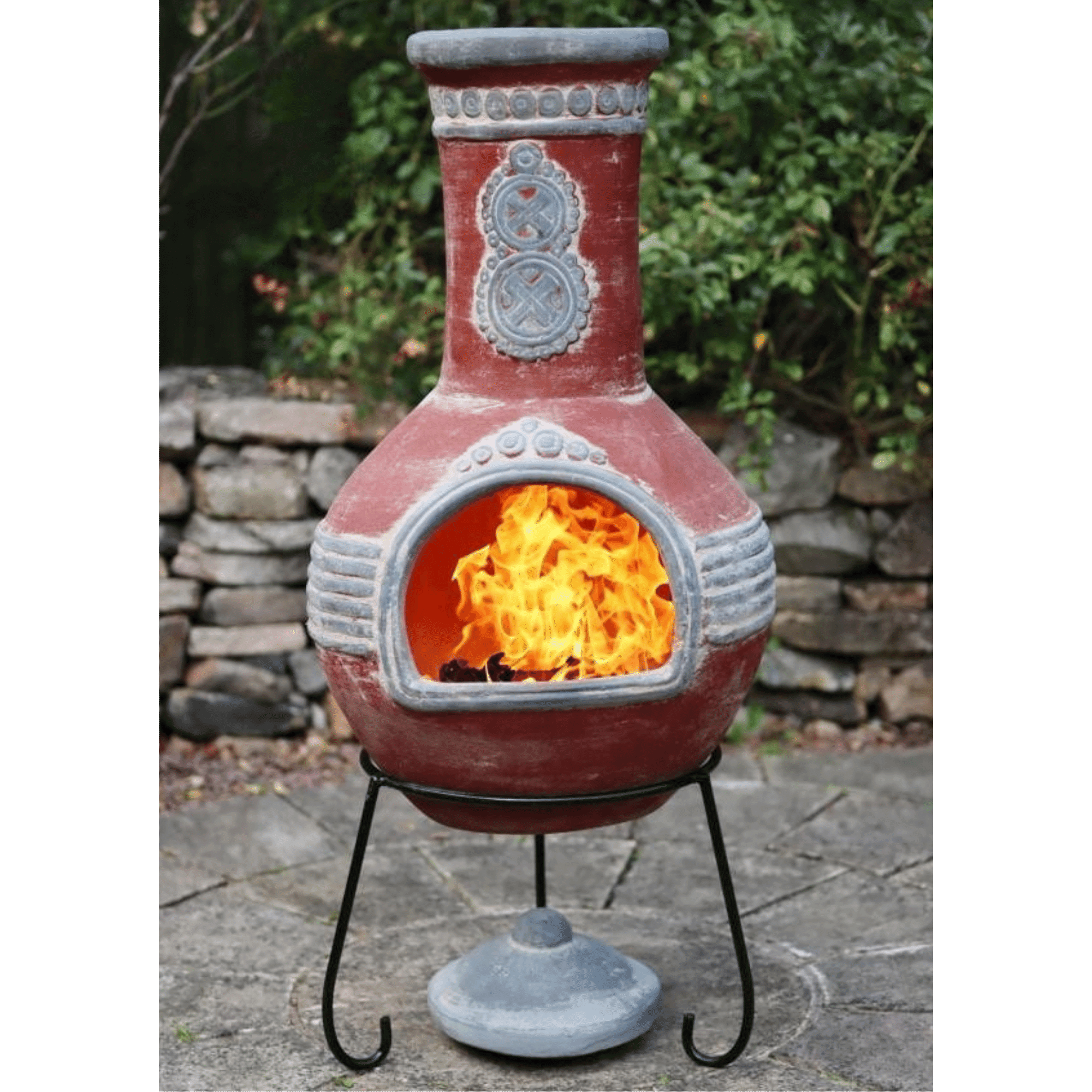 Azteca XL Mexican Chimenea in red with grey mouth and top - Perfect Patio