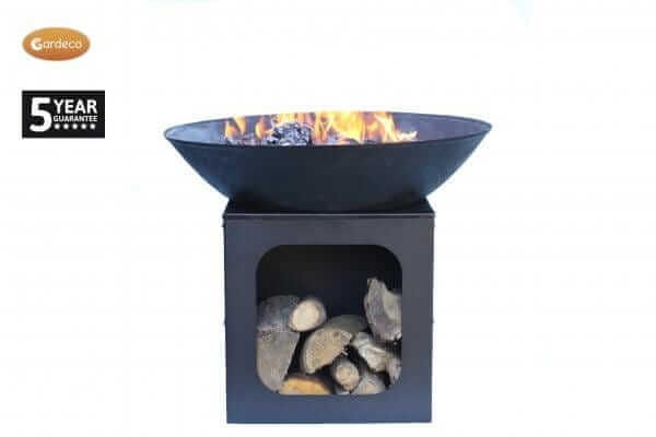 Perfect Patio Large cast iron fire bowl with log store