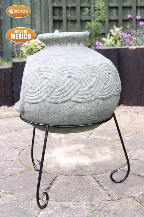 Perfect Patio UK Elfyn wide bellied Mexican chimenea Celtic theme including stand
